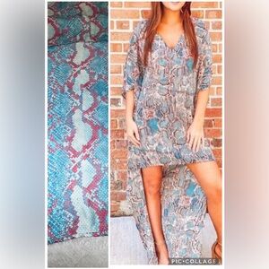 Adrienne Blue Pink Snake Print High Low Kaftan Satin Dress Small S